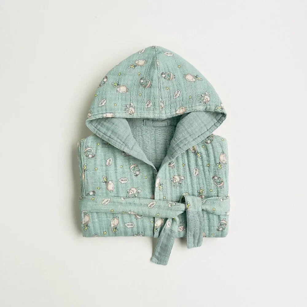 KIDS Organic Muslin Cotton Bathrobe - Reversible Sleepy sheep green
